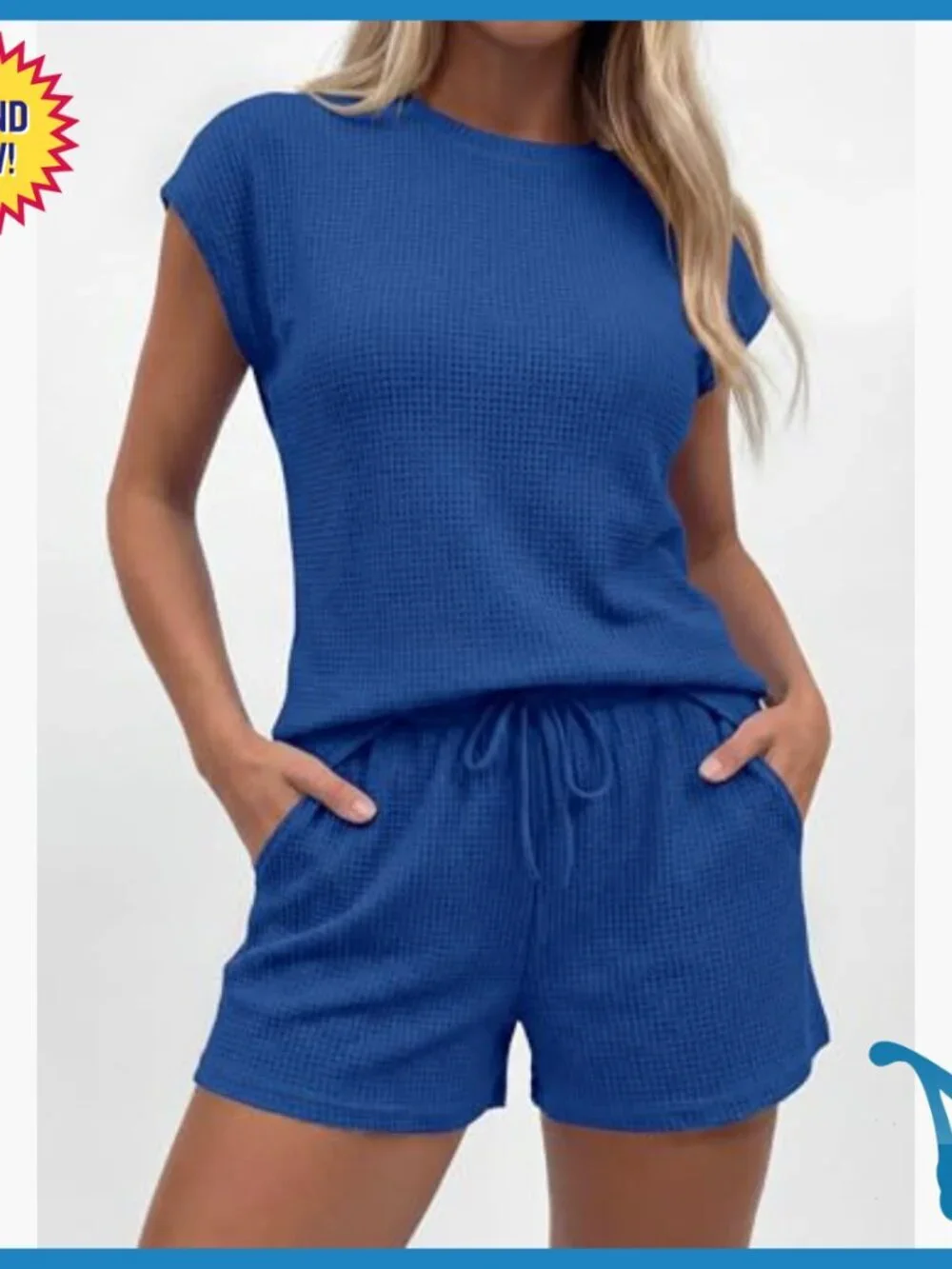 Waffle Knit Lounge Short Set Cap Sleeve Drawstring Pockets Medium